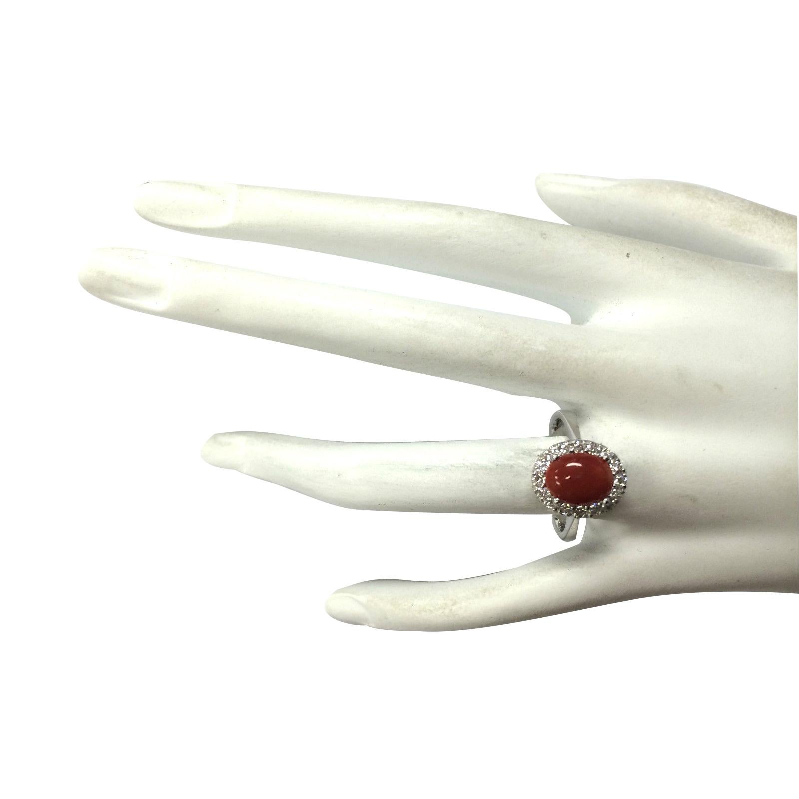 Natural Coral Diamond Ring In 14 Karat White Gold  In New Condition For Sale In Los Angeles, CA