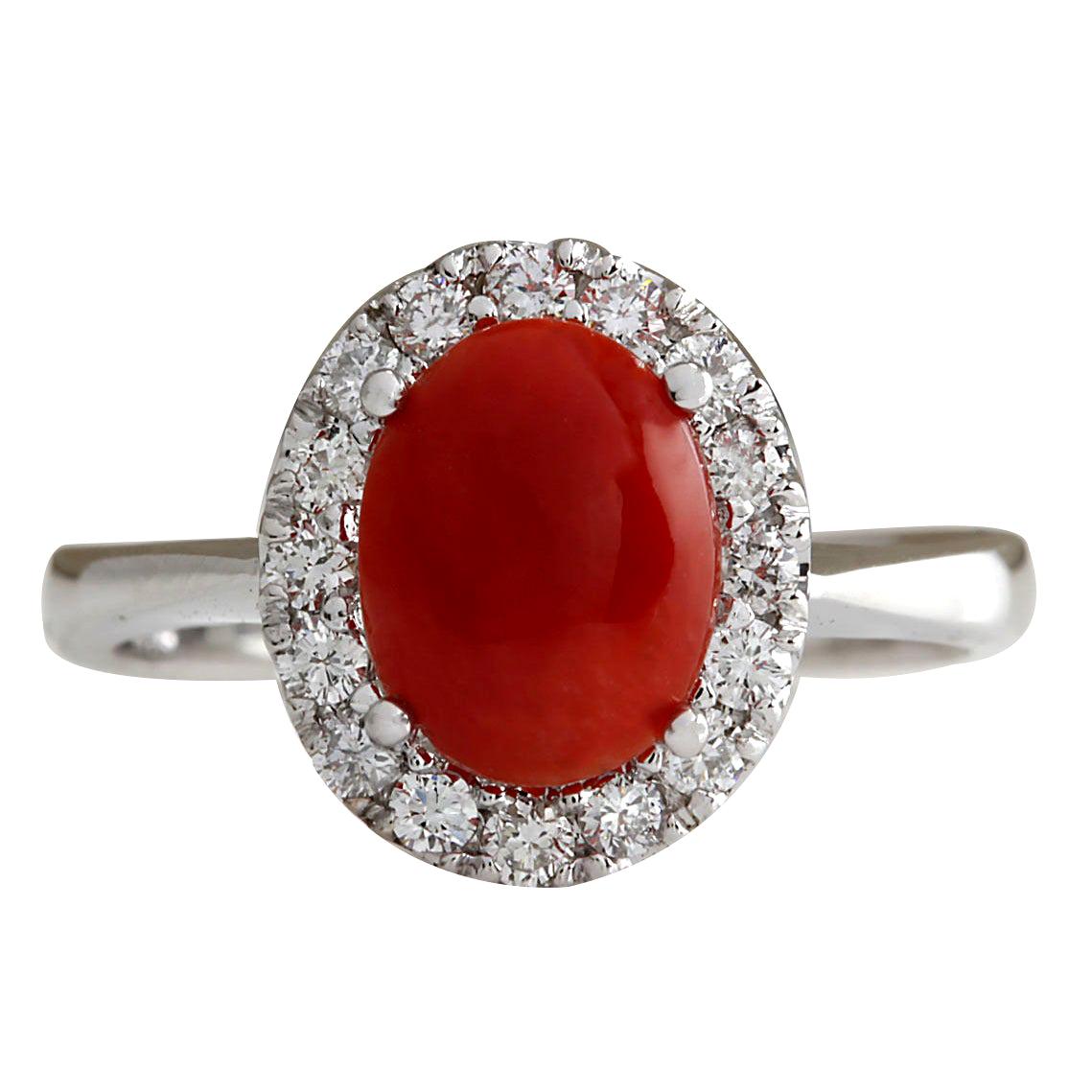 Natural Coral Diamond Ring In 14 Karat White Gold  For Sale