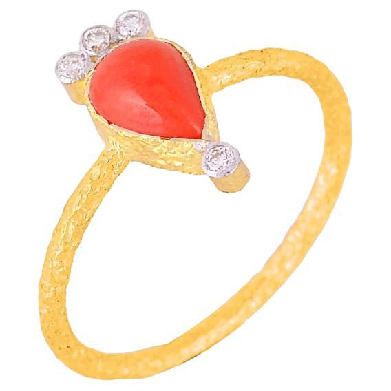 Natural Coral & Diamond Ring in 18k gold