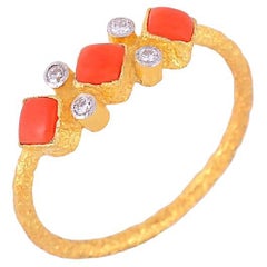 Natural Coral & Diamond Ring in 18k gold