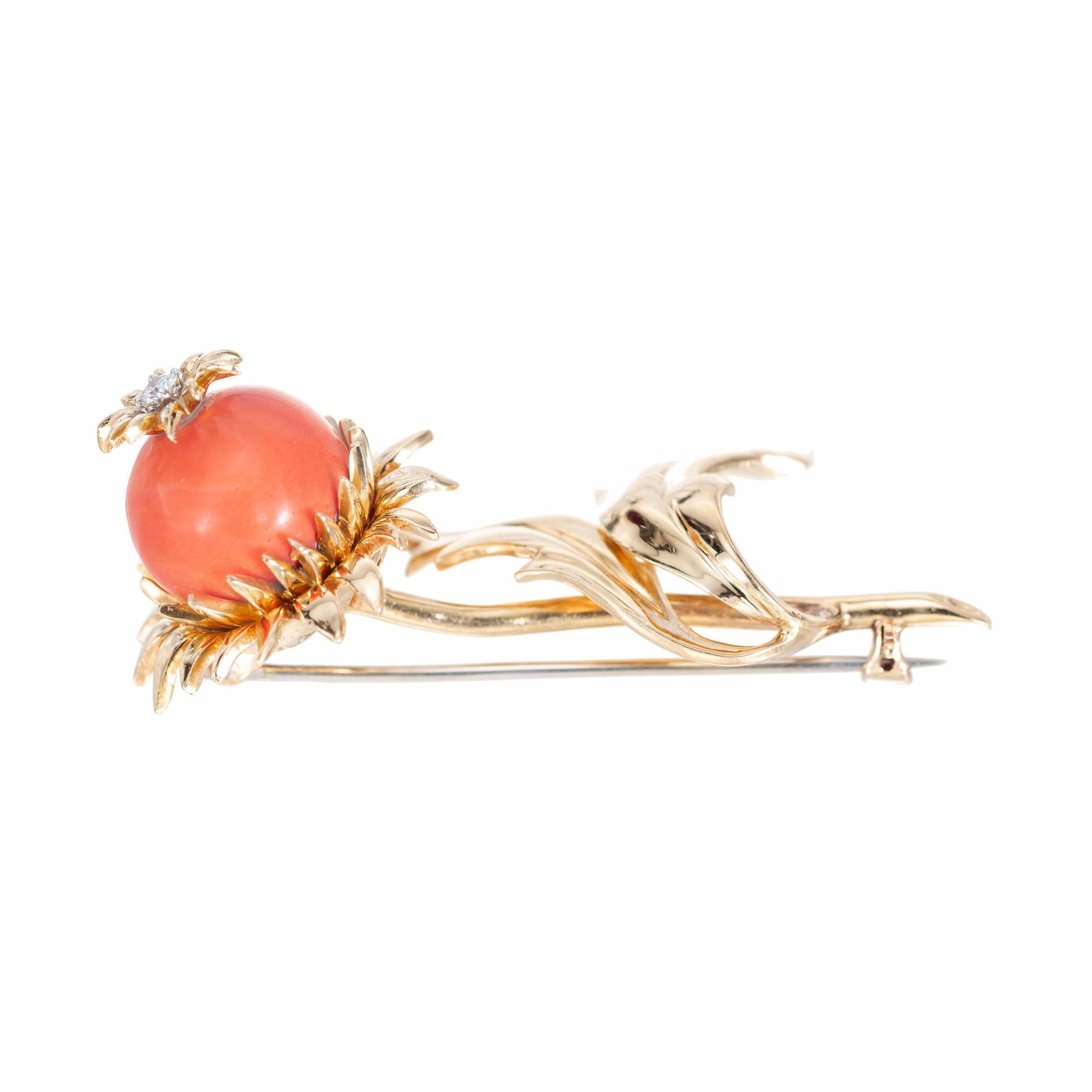 Round Cut Natural Coral Diamond Sunflower Yellow Gold Brooch