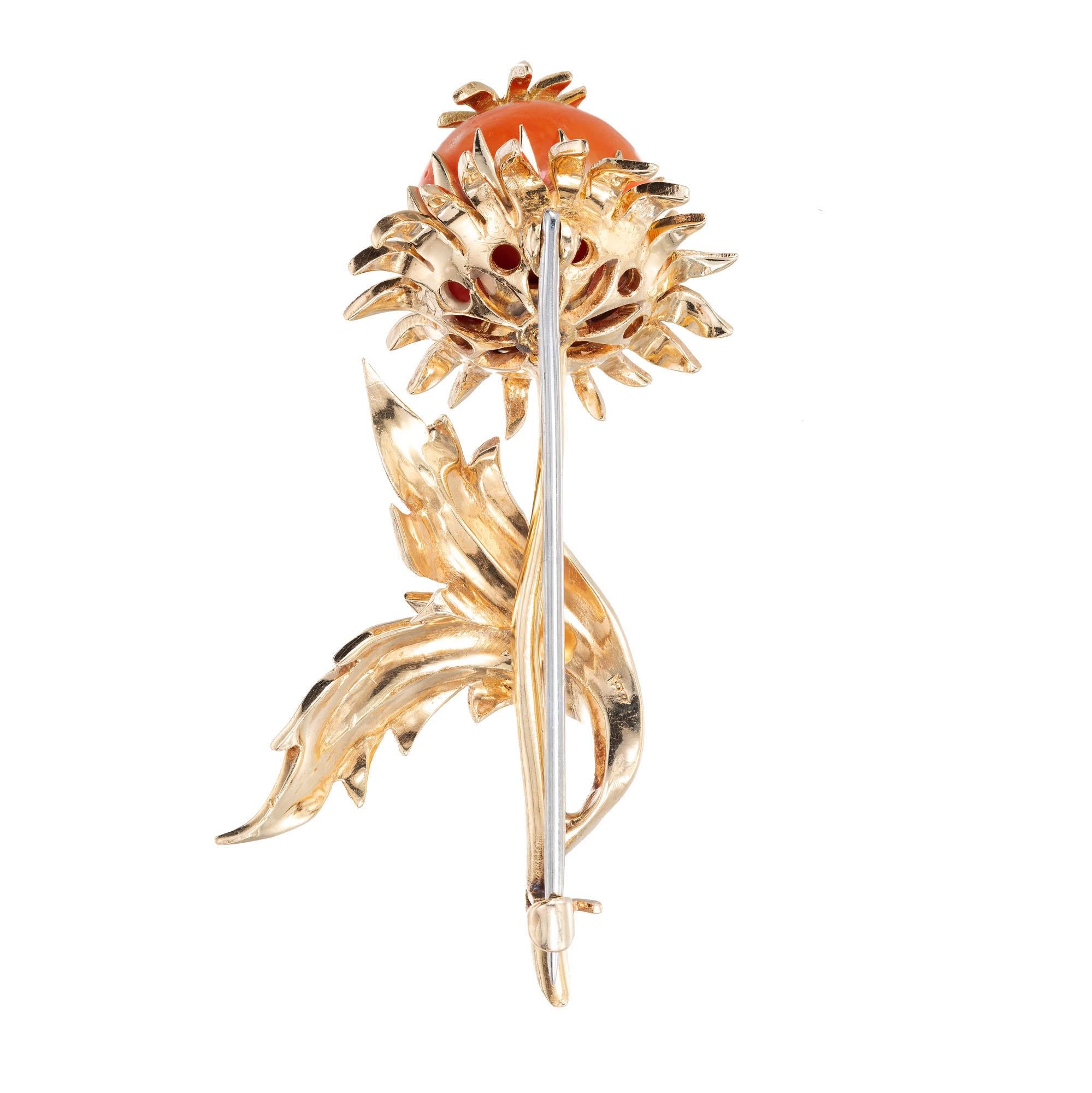 Natural Coral Diamond Sunflower Yellow Gold Brooch In Good Condition In Stamford, CT