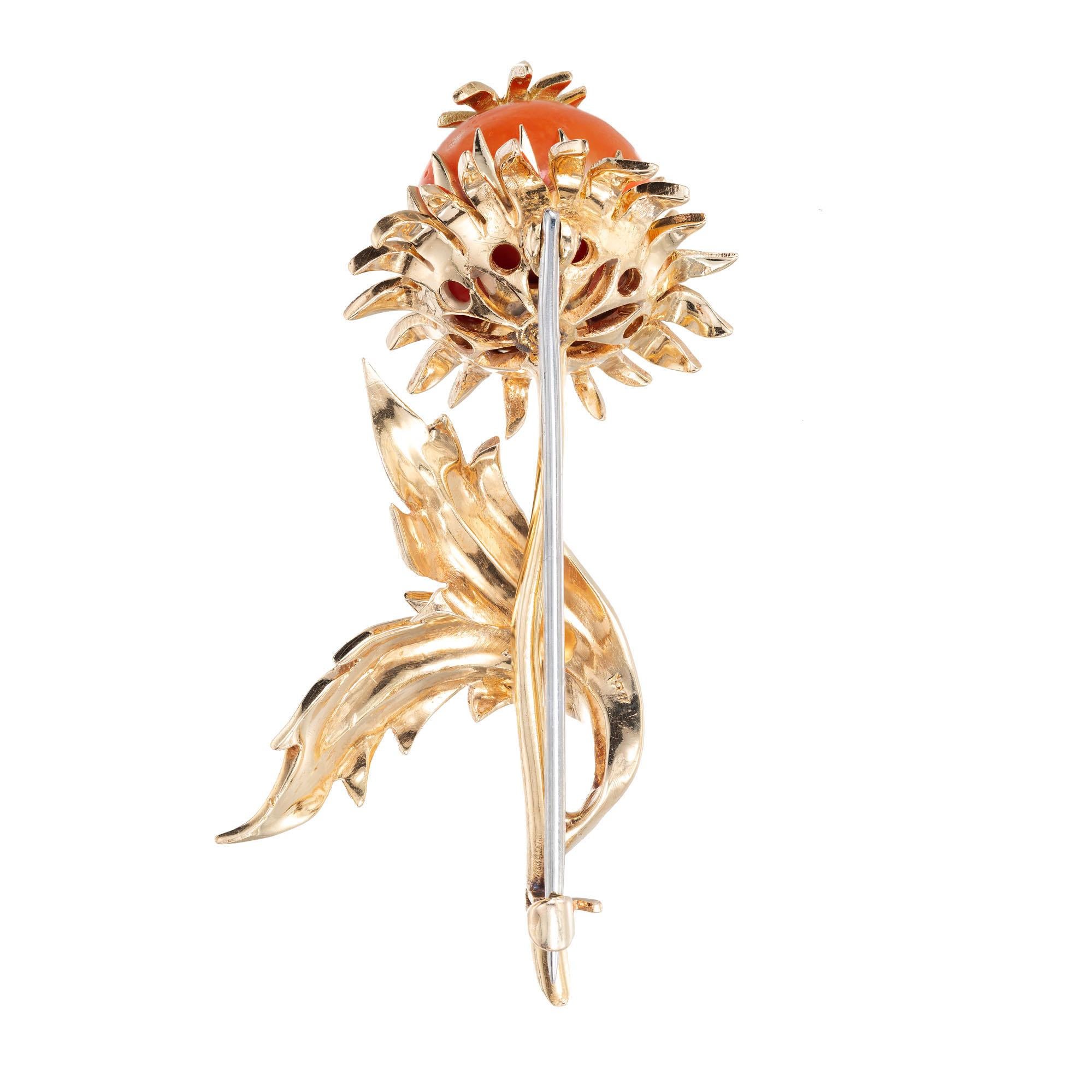 Natural Coral Diamond Sunflower Yellow Gold Brooch In Good Condition For Sale In Stamford, CT