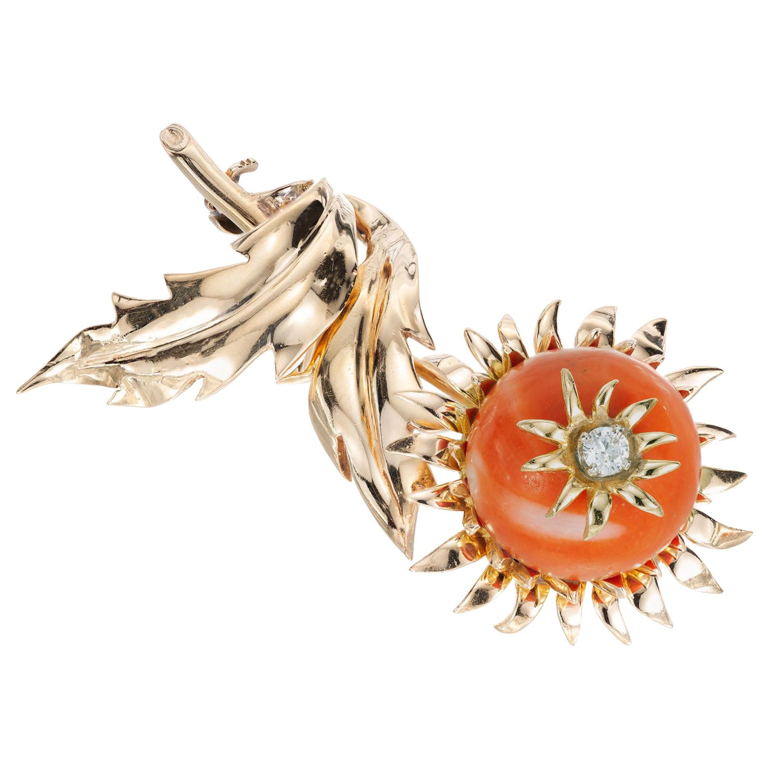 Natural Coral Diamond Sunflower Yellow Gold Brooch For Sale