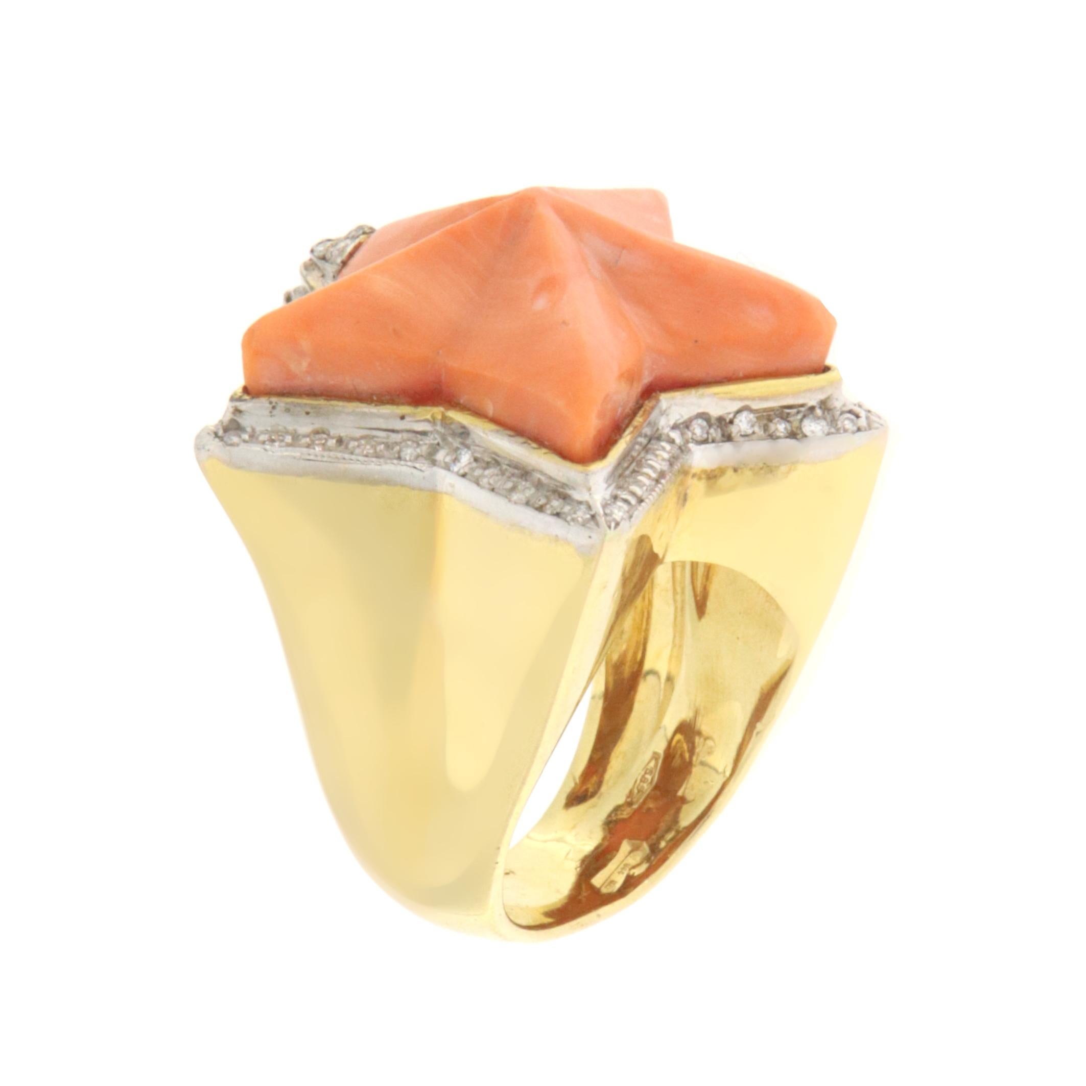 Uncut Natural Coral Diamonds 18 Karat Yellow Gold Cocktail Ring For Sale