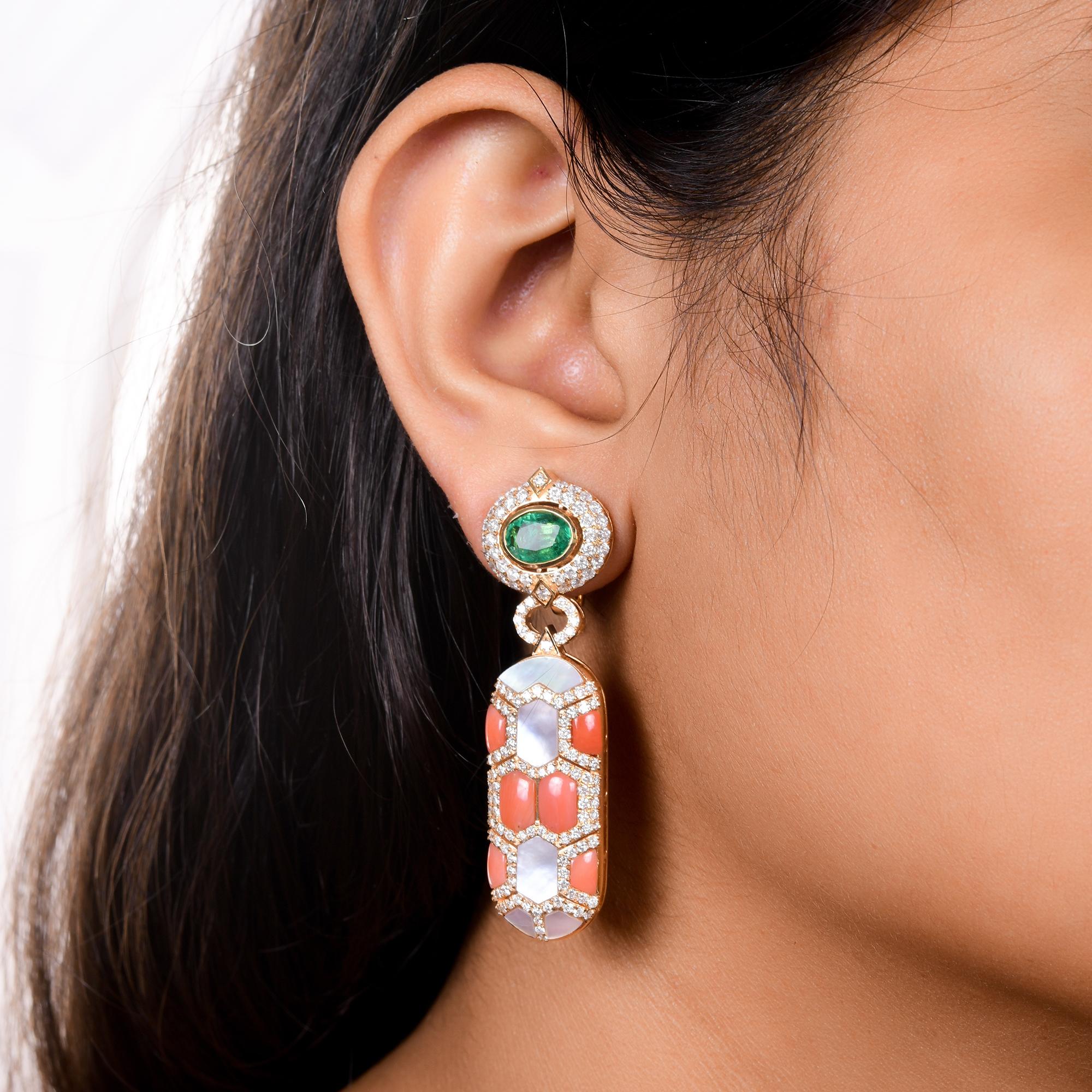 Modern Natural Coral Emerald MOP Gemstone Earrings Diamond 14 Karat Yellow Gold Jewelry For Sale