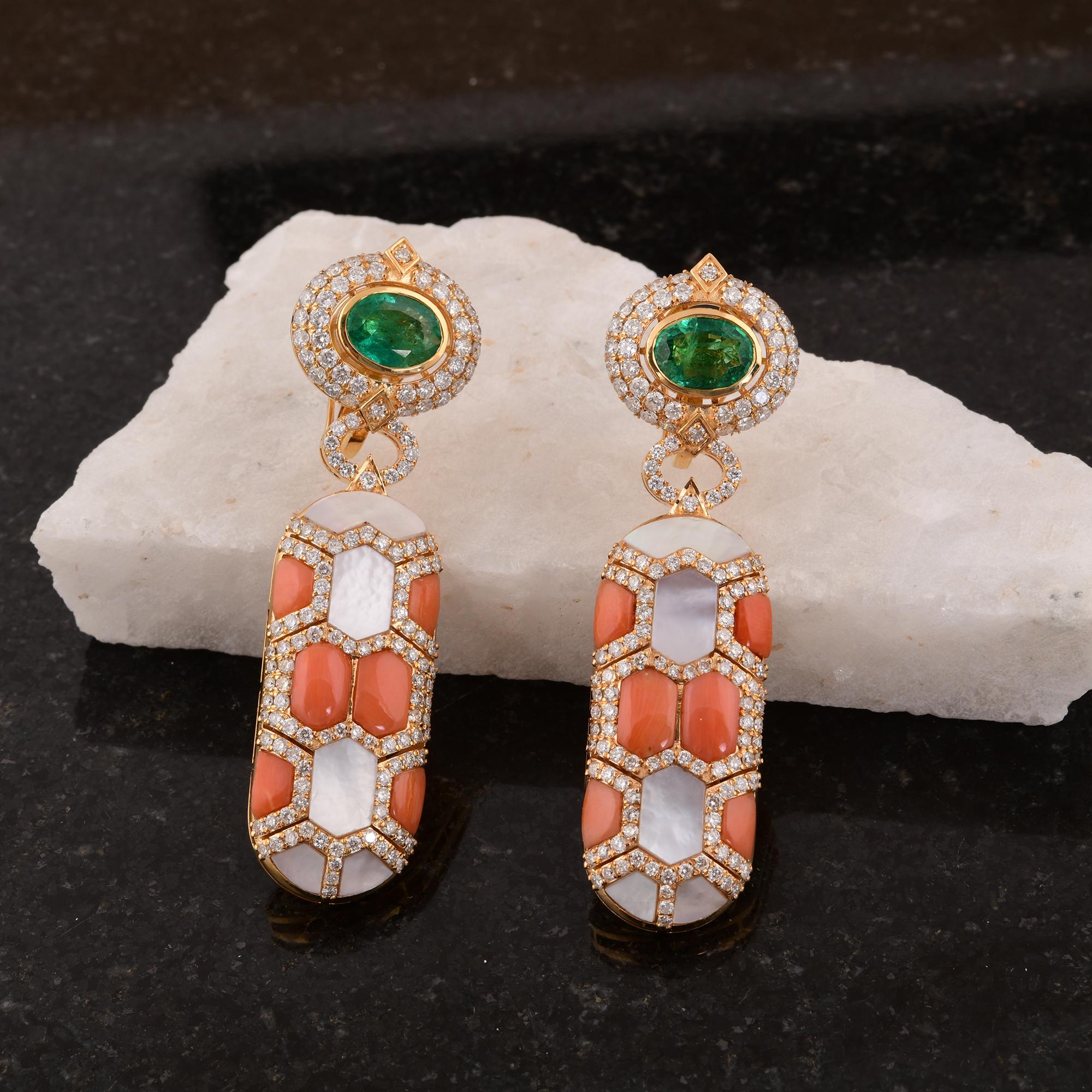 Oval Cut Natural Coral Emerald MOP Gemstone Earrings Diamond 14 Karat Yellow Gold Jewelry For Sale