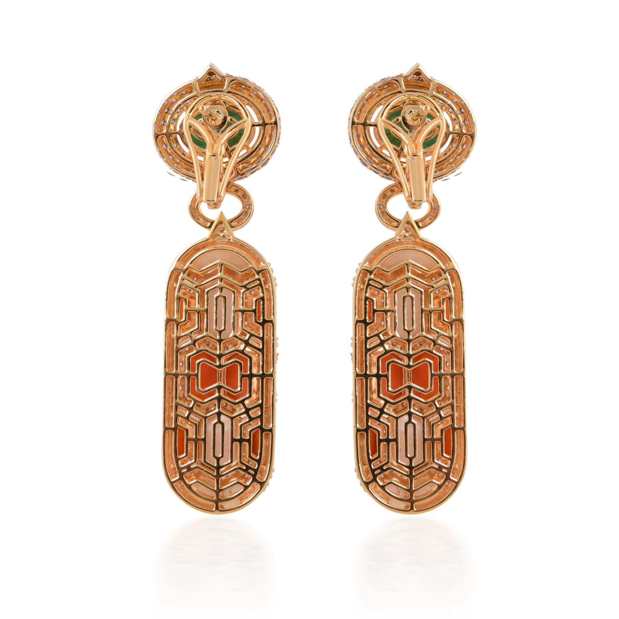 Women's Natural Coral Emerald MOP Gemstone Earrings Diamond 14 Karat Yellow Gold Jewelry For Sale