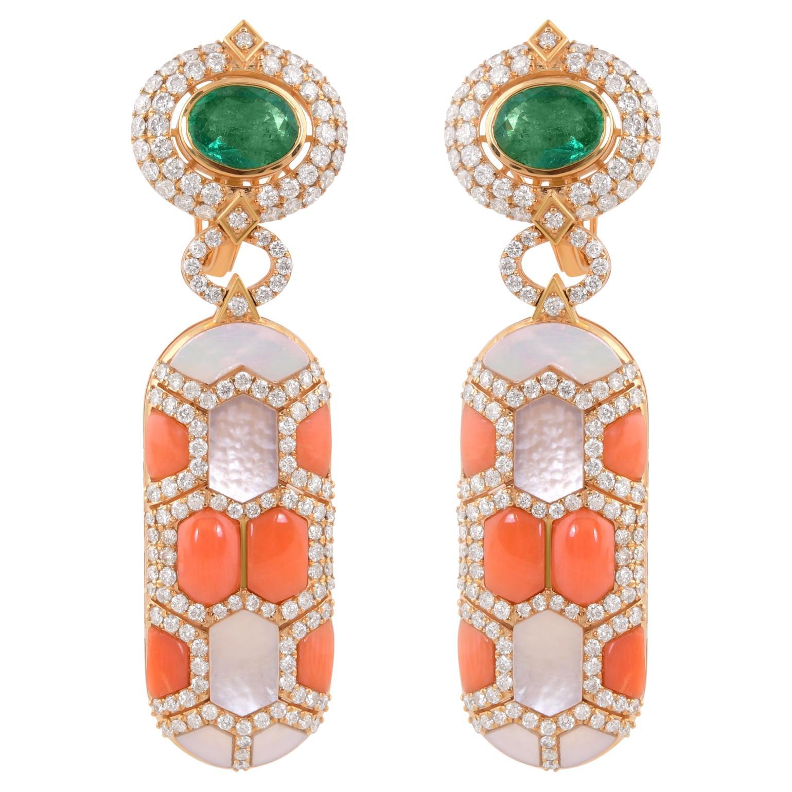 Natural Coral Emerald MOP Gemstone Earrings Diamond 14 Karat Yellow Gold Jewelry