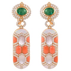 Natural Coral Emerald MOP Gemstone Earrings Diamond 14 Karat Yellow Gold Jewelry