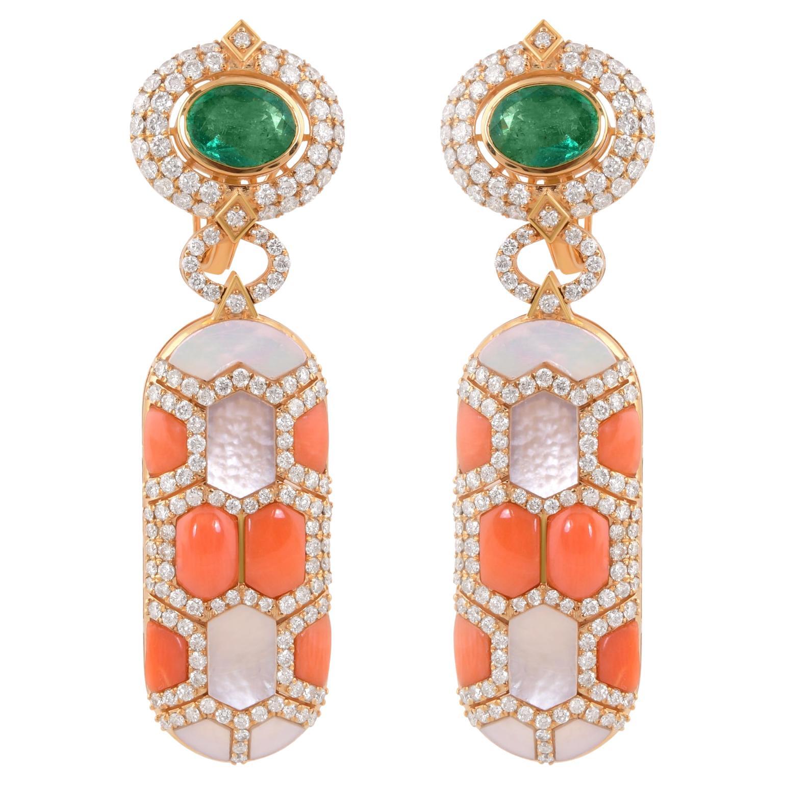 Natural Coral Emerald MOP Gemstone Earrings Diamond 18 Karat Yellow Gold Jewelry For Sale