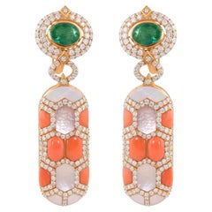 Natural Coral Emerald MOP Gemstone Earrings Diamond 18 Karat Yellow Gold Jewelry