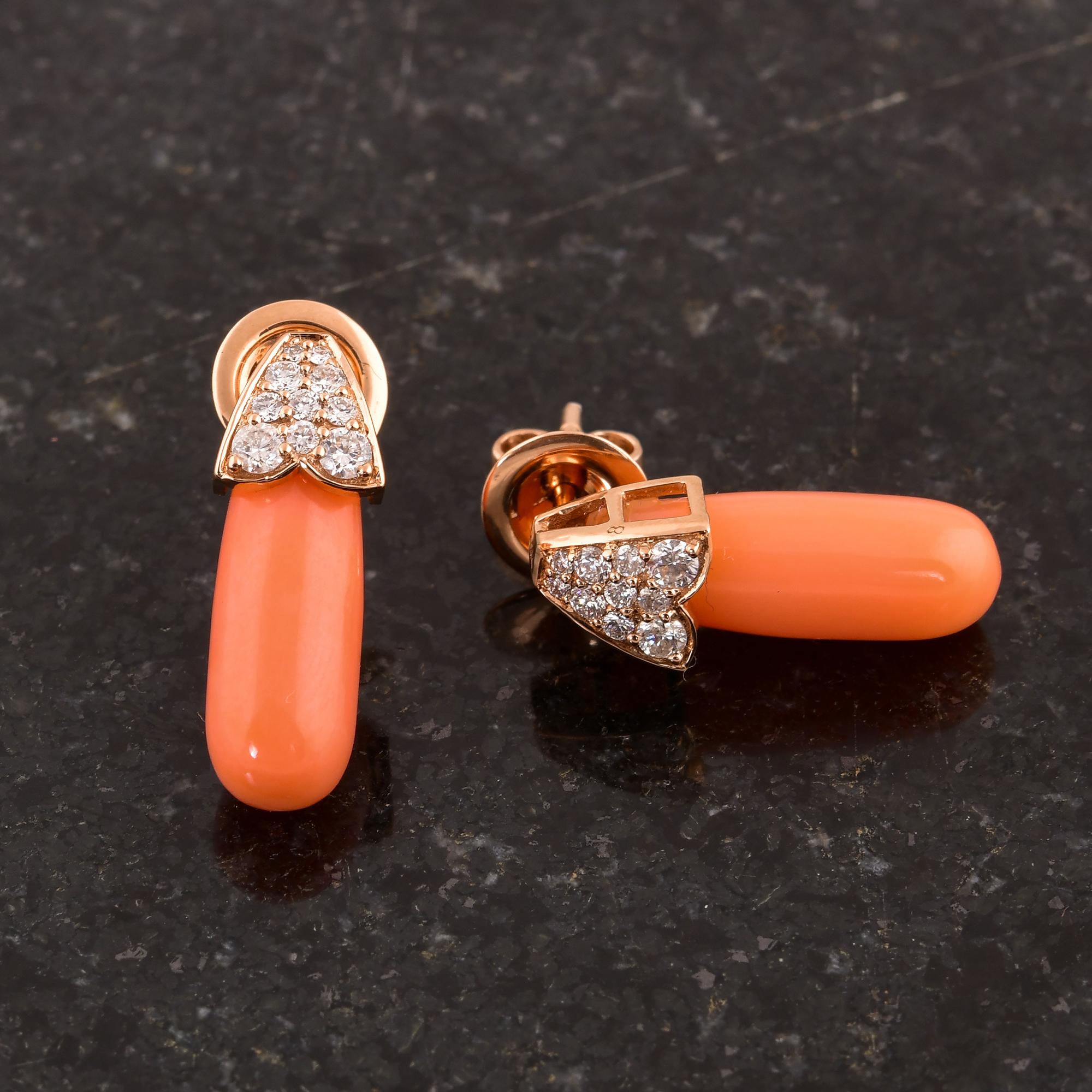 Round Cut Natural Coral Gemstone Bead Earrings 18 Karat Rose Gold Diamond Handmade Jewelry For Sale
