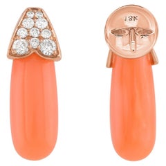 Pendientes de cuentas de piedras preciosas de coral natural Joyas de oro rosa de 18 quilates con diamantes hechas a mano