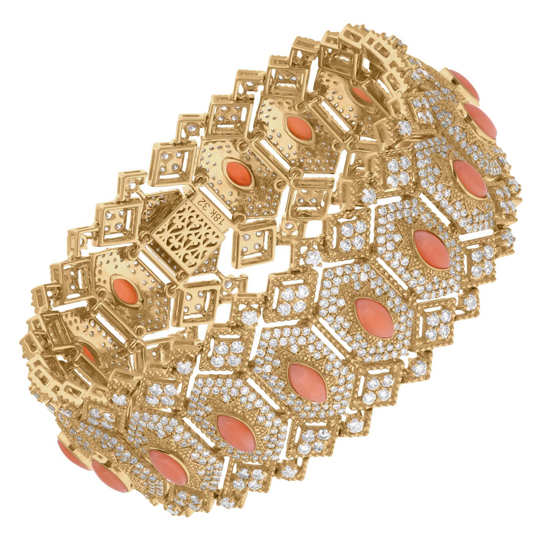 Coral Natural Piedra Preciosa Pulsera SI Claridad HI Color Diamante 14 Kilates Oro Amarillo