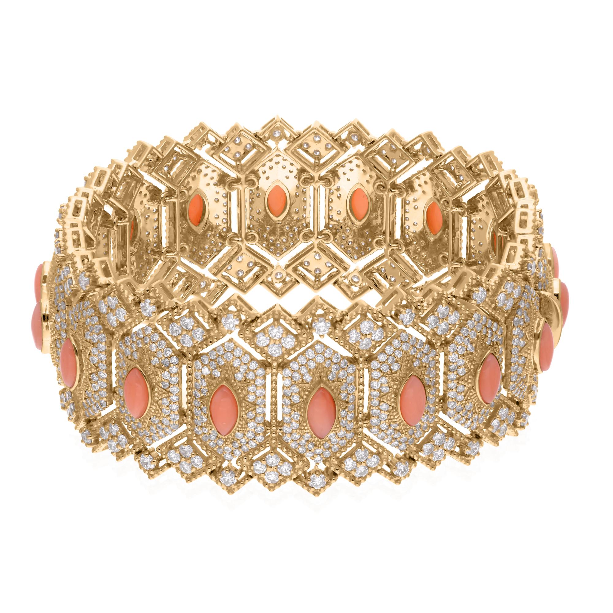 Cast from 18-karat gold, these exquisite bracelet is handset with 4.20 carats coral gemstone and 8.35 carats of sparkling diamonds.

FOLLOW SPECTRUM JEWELS storefront to view the latest collection & exclusive pieces. Spectrum Jewels is proudly rated
