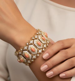 Natural Coral Gemstone Bracelet SI Clarity HI Color Diamond 18 Karat Yellow Gold