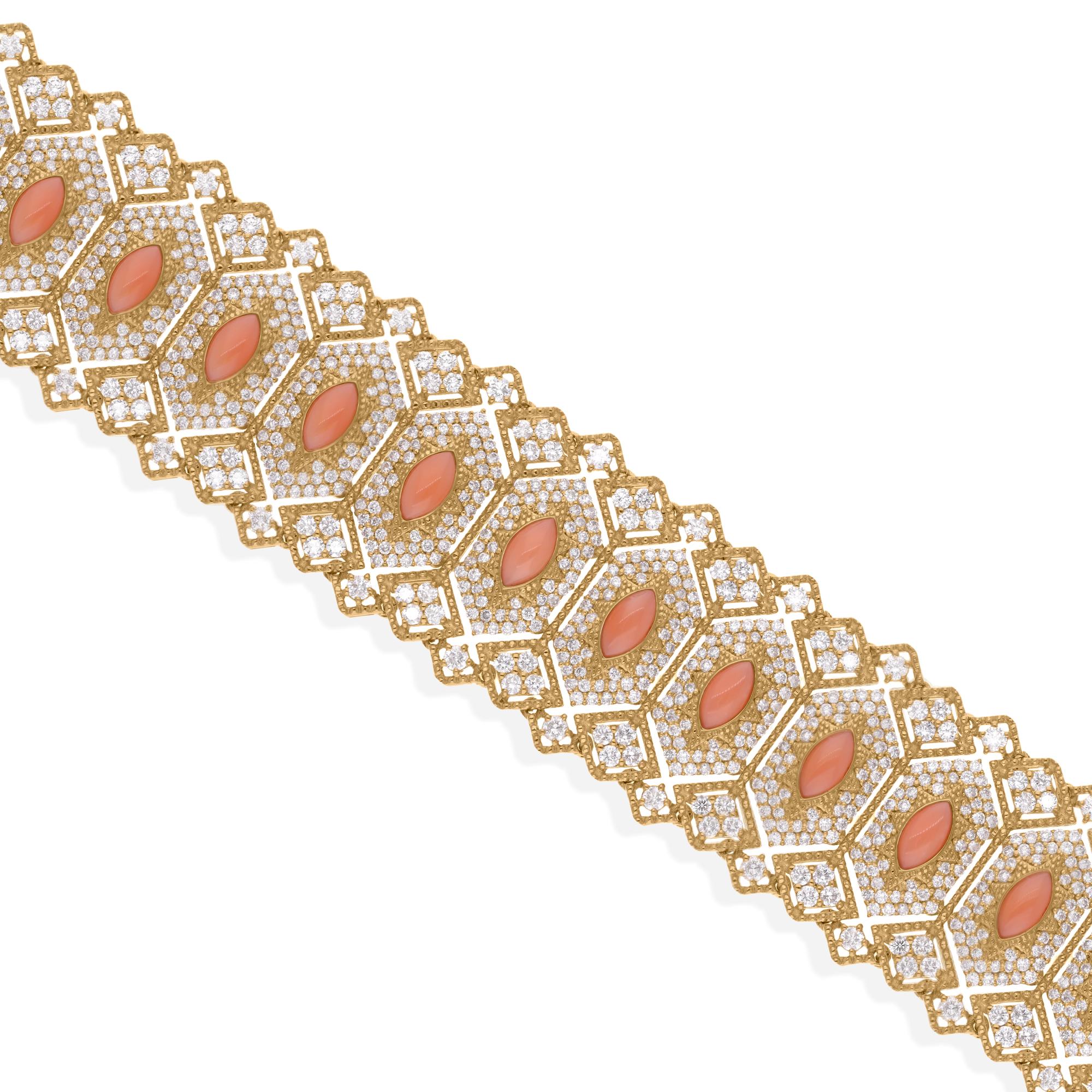 Modern Natural Coral Gemstone Bracelet SI Clarity HI Color Diamond 18 Karat Yellow Gold For Sale