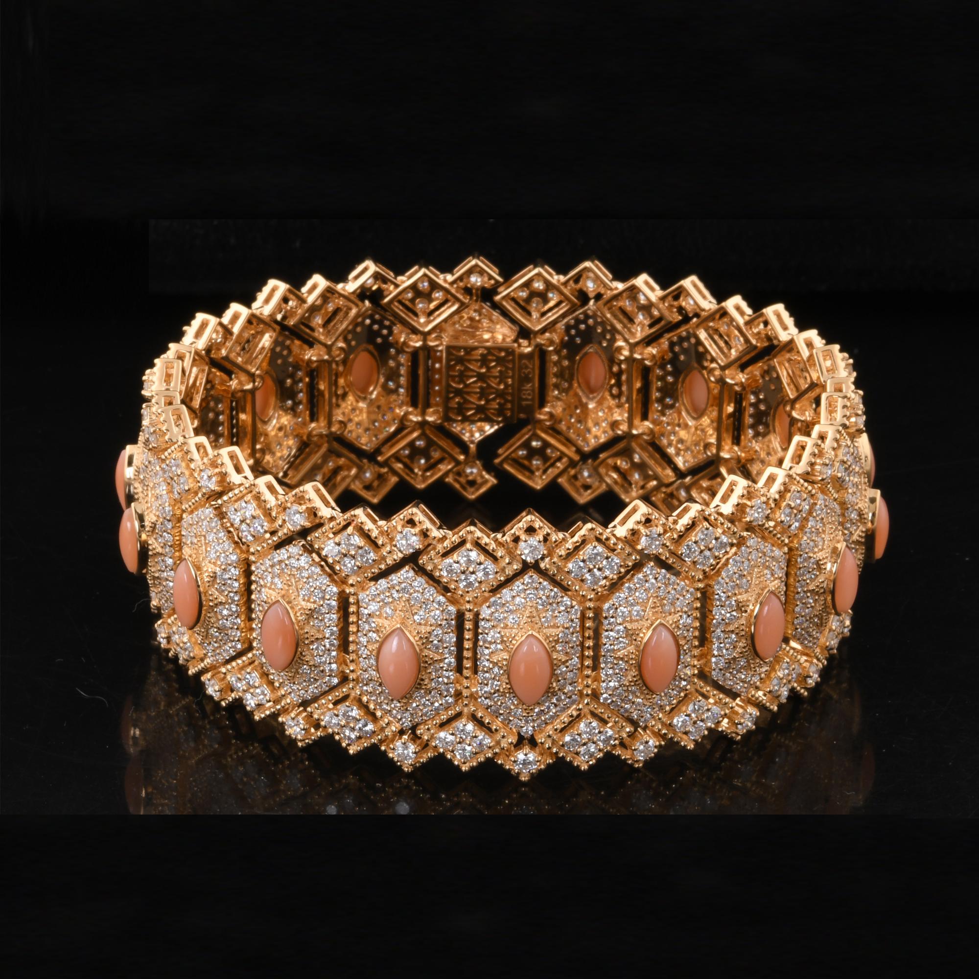 Marquise Cut Natural Coral Gemstone Bracelet SI Clarity HI Color Diamond 18 Karat Yellow Gold For Sale