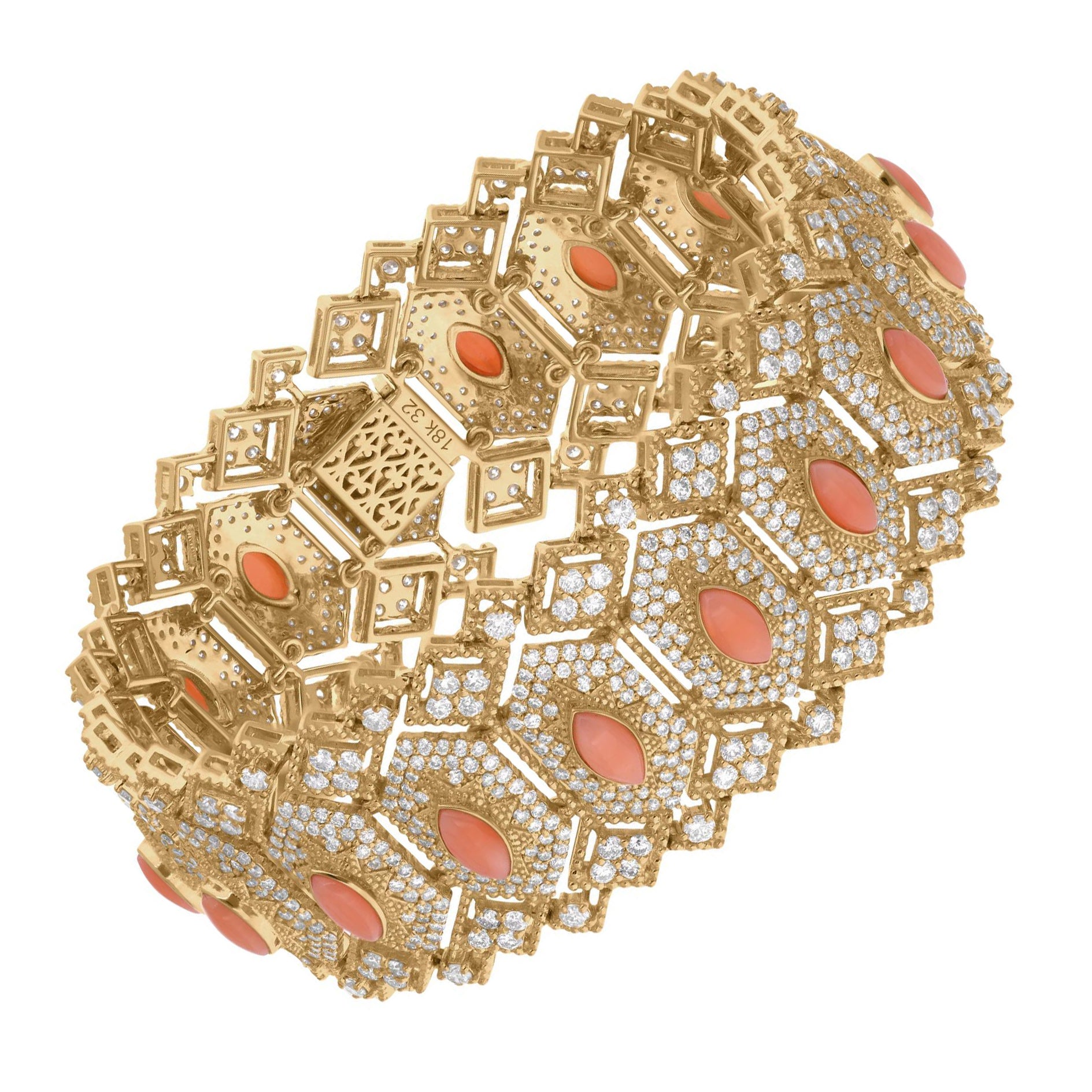 Natural Coral Gemstone Bracelet SI Clarity HI Color Diamond 18 Karat Yellow Gold