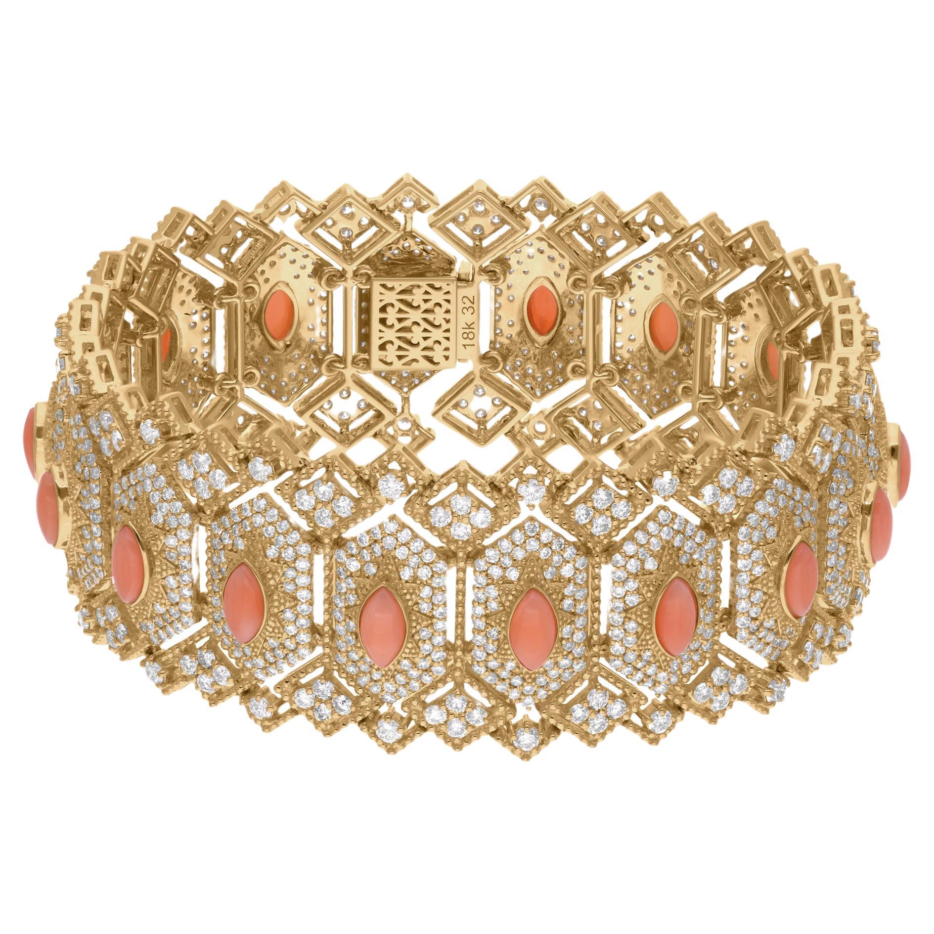 Natürliches Korallen-Edelstein-Armband SI Reinheit HI Farbe Diamant 18 Karat Gelbgold