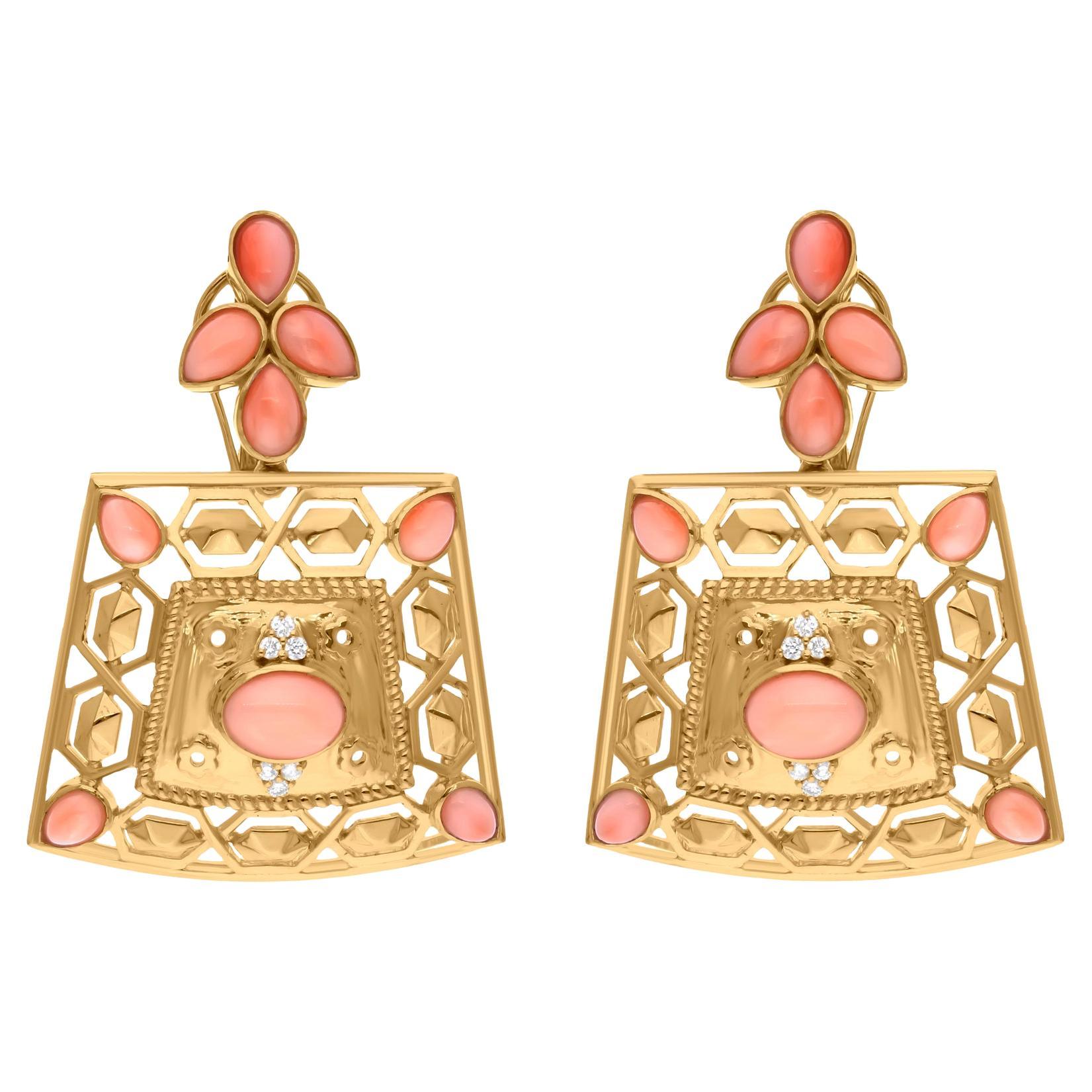 Natürliche Koralle Edelstein Ohrringe SI/H Diamant 14 Karat Gelbgold Schmuck