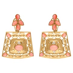 Pendientes Colgantes de Coral Natural SI/H Diamante Joyas de Oro Amarillo de 18 Kilates