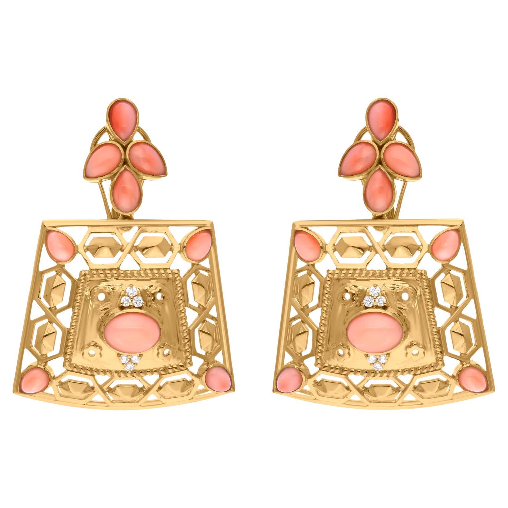 Natural Coral Gemstone Dangle Earrings SI/H Diamond 18 Karat Yellow Gold Jewelry