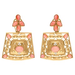 Pendants d'oreilles en or jaune 18 carats avec pierres précieuses corail naturel SI/H et diamants