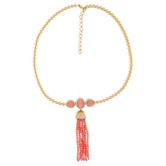 Natural Coral Gemstone Tassel Pendant Necklace Pave Diamond 18 Karat Yellow Gold