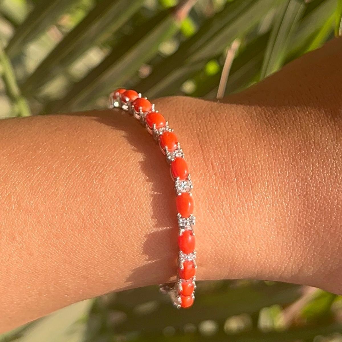 Art Deco Coral Oval Cabochon Zirconia Tennis Bracelet for Him Gift in 925 Silver For Sale 4