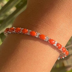 Art Deco Coral Oval Cabochon Zircon Tennis Bracelet Gift for Him in 925 Silver