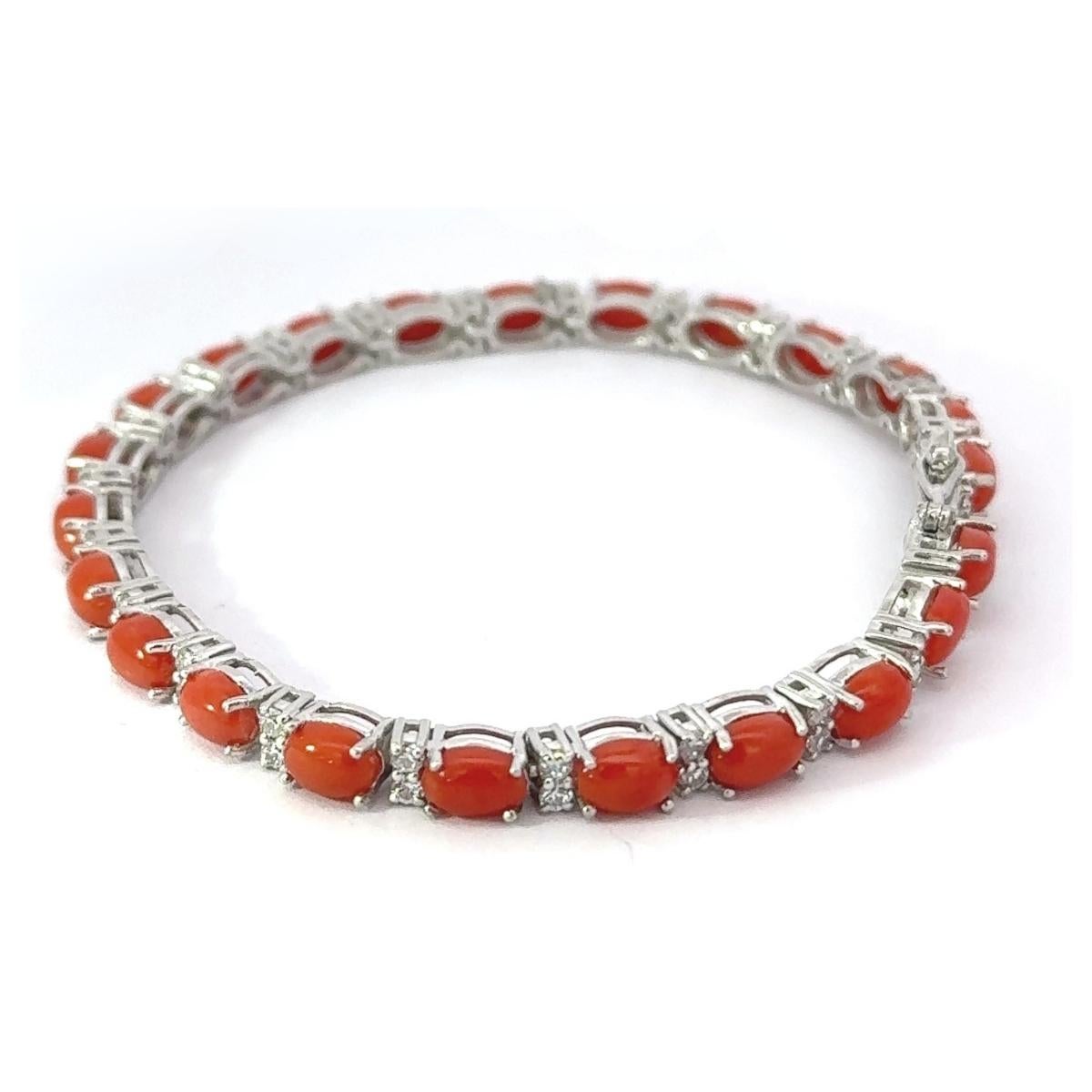 Modernist Art Deco Coral Oval Cabochon Zirconia Tennis Bracelet for Him Gift in 925 Silver For Sale