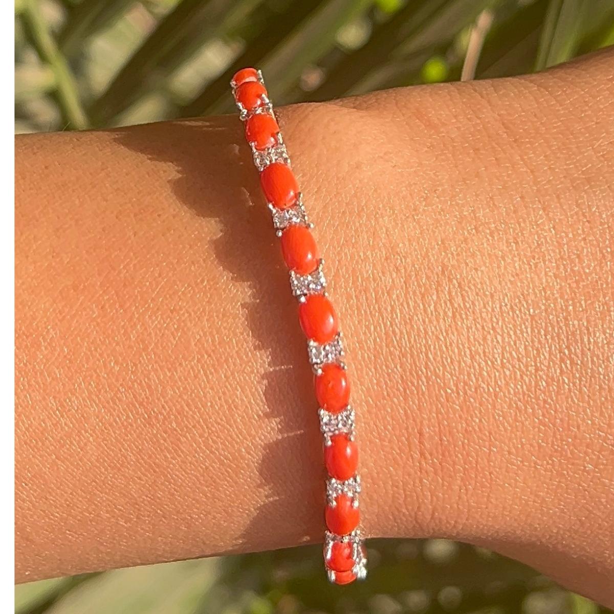 Mixed Cut Art Deco Coral Oval Cabochon Zirconia Tennis Bracelet for Him Gift in 925 Silver For Sale
