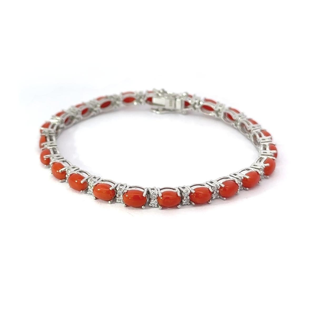 Art Deco Coral Oval Cabochon Zirconia Tennis Bracelet for Him Gift in 925 Silver In New Condition For Sale In New York, NY