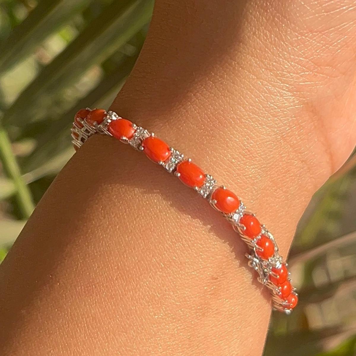 Women's or Men's Art Deco Coral Oval Cabochon Zirconia Tennis Bracelet for Him Gift in 925 Silver For Sale
