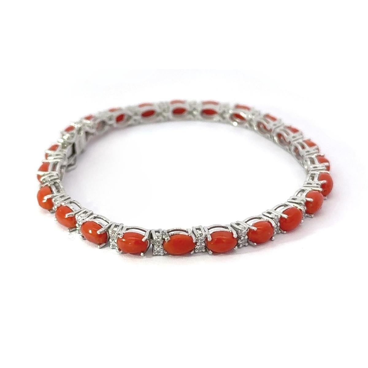 Art Deco Coral Oval Cabochon Zirconia Tennis Bracelet for Him Gift in 925 Silver For Sale 1