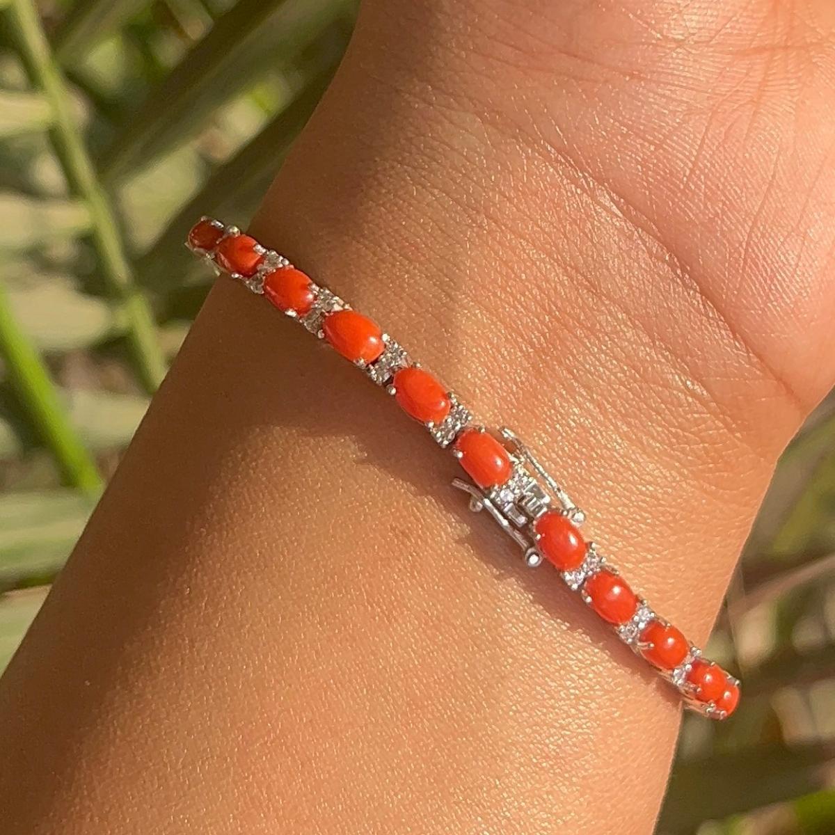 Art Deco Coral Oval Cabochon Zirconia Tennis Bracelet for Him Gift in 925 Silver For Sale 2
