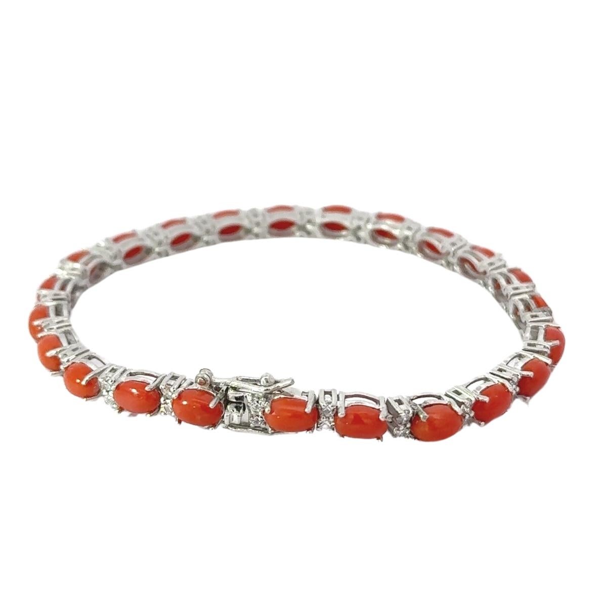 Art Deco Coral Oval Cabochon Zirconia Tennis Bracelet for Him Gift in 925 Silver For Sale 3