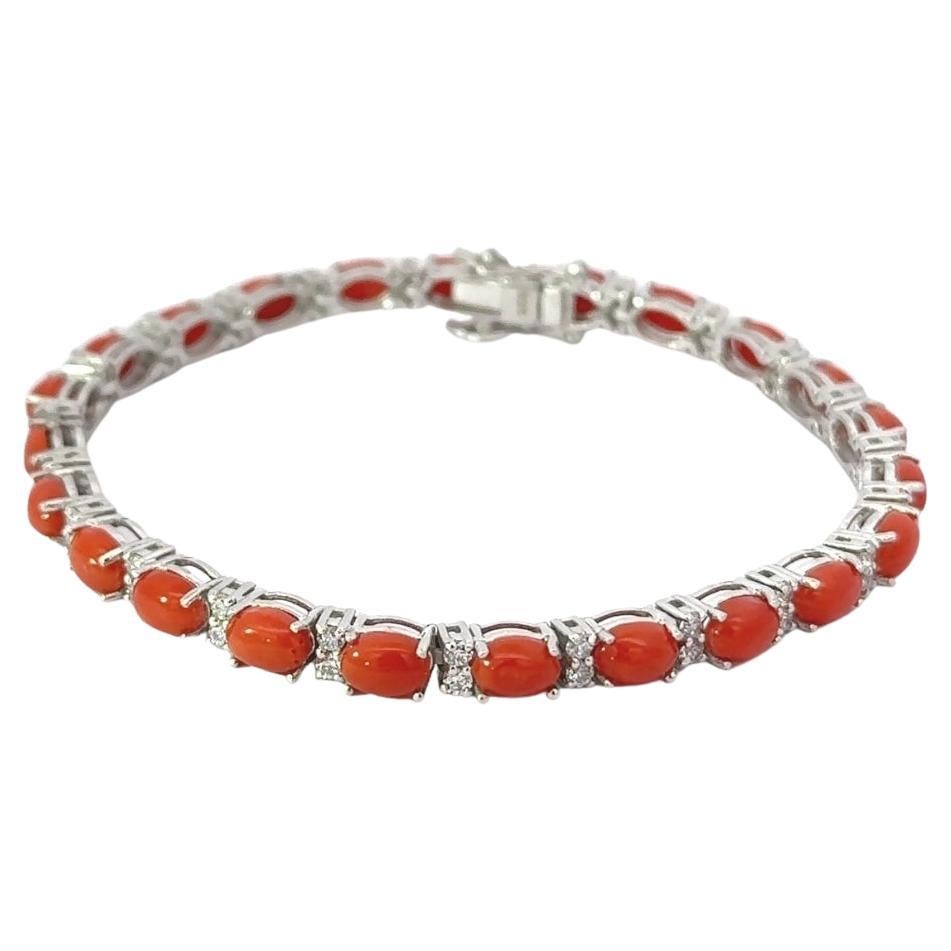 Pulsera de tenis Art Decó con cabujón ovalado de coral y circonitas para regalo de mamá en plata 925