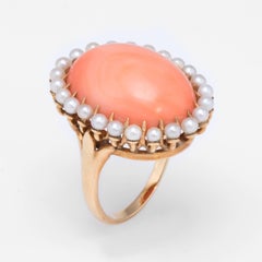 Natural Coral Pearl Cocktail Ring Vintage 14 Karat Yellow Gold