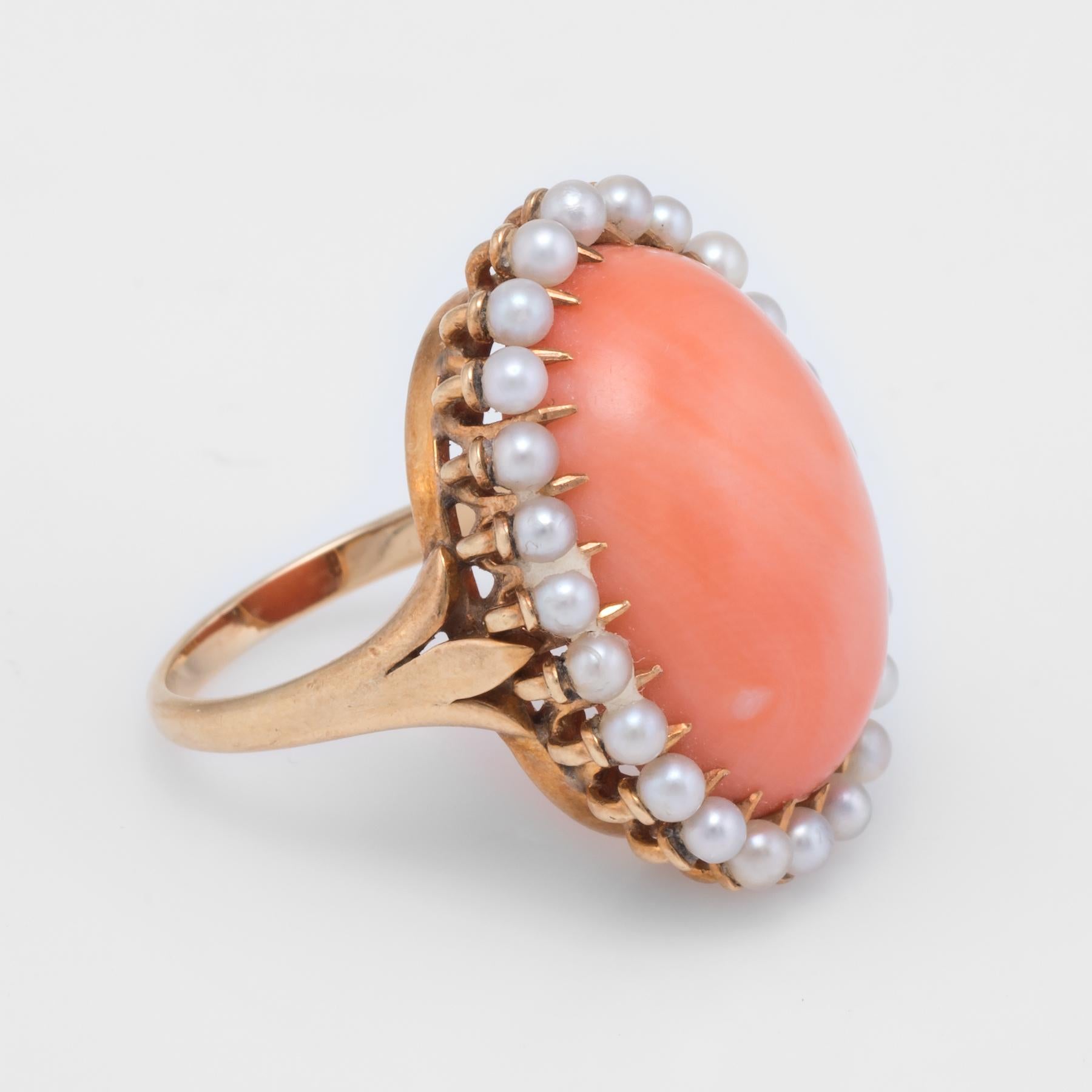 Retro Natural Coral Pearl Cocktail Ring Vintage 14 Karat Gold Estate Fine Jewelry