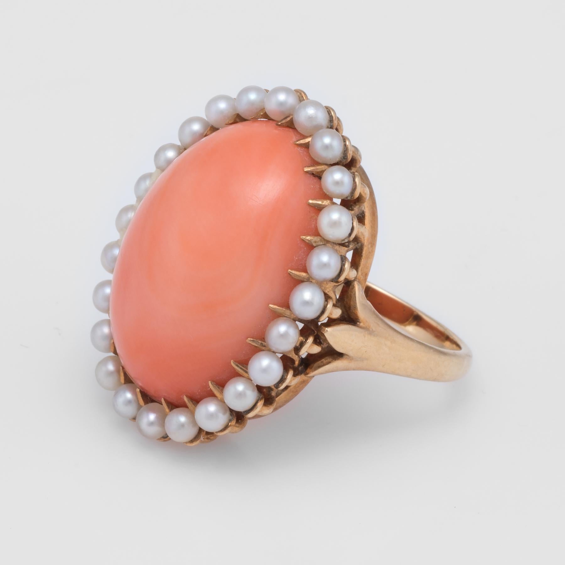 Oval Cut Natural Coral Pearl Cocktail Ring Vintage 14 Karat Gold Estate Fine Jewelry