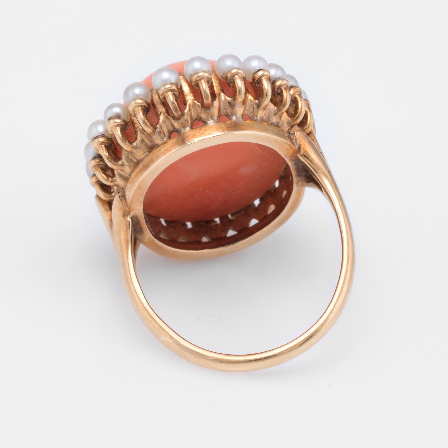 Natural Coral Pearl Cocktail Ring Vintage 14 Karat Gold Estate Fine Jewelry In Excellent Condition In Torrance, CA