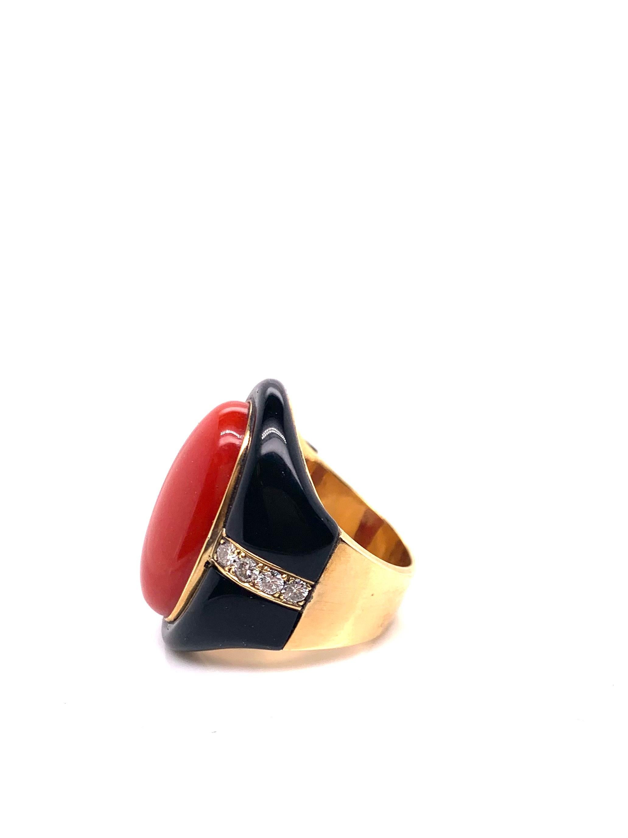 One of a Kind Natural Coral Ring with Black Onyx and Diamonds

Stones: Natural Coral 
Stone Dimensions: 23.3x12.6mm
Stone: Black Onyx Outer Border 
Stones: Diamond
Stone Clarity: VS/SI Clarity
Stones: 8 Round Diamonds 
Stone Carat Weight: 0.48 Carat