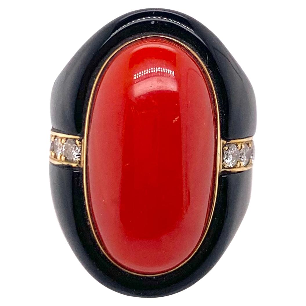 Natural Coral Ring with Black Onyx and Diamonds For Sale