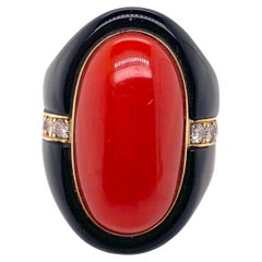 Vintage Natural Coral Ring with Black Onyx and Diamonds