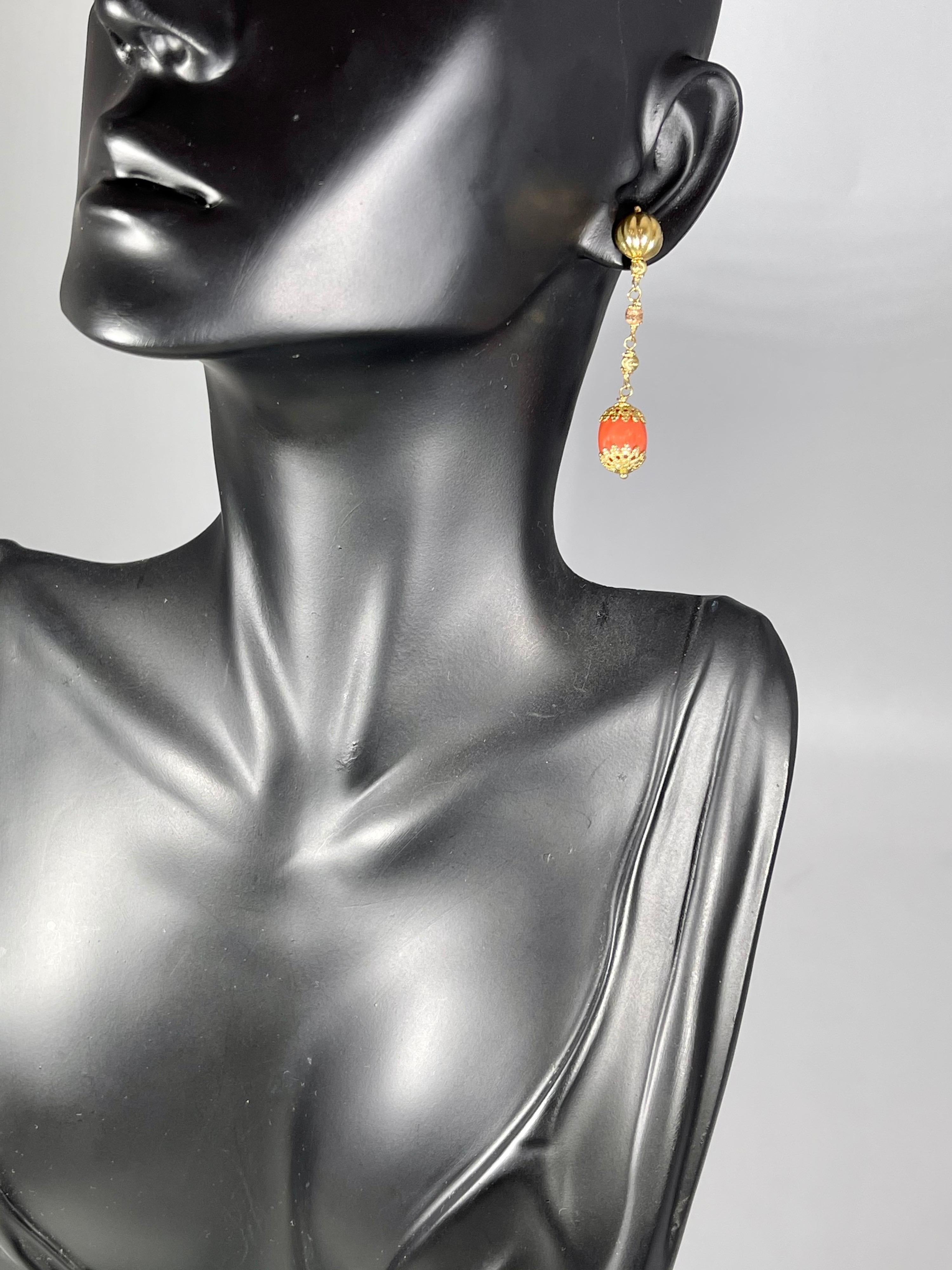Natural Coral Simple Hanging / Dangling Earring in 18 Karat Yellow Gold For Sale 3