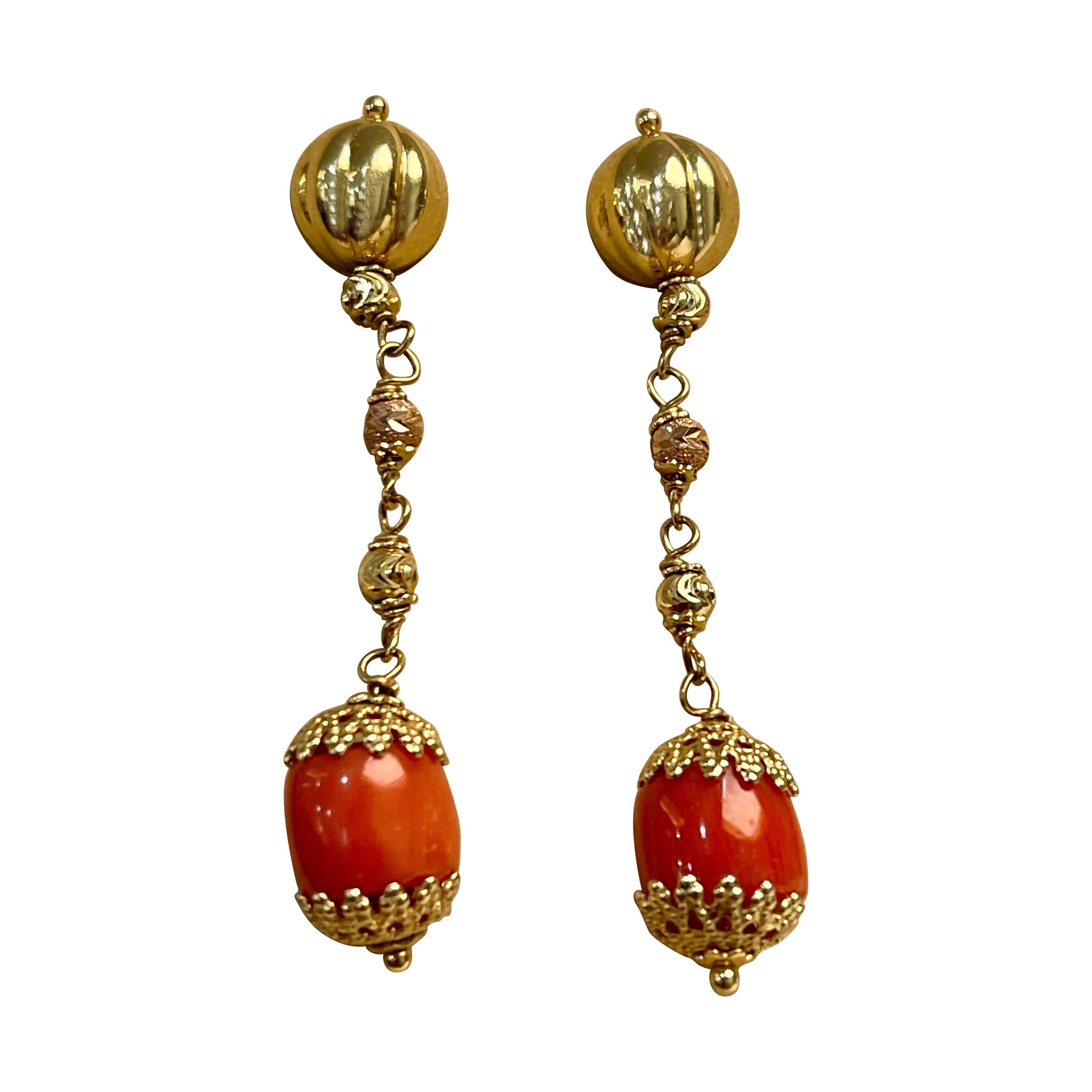 Natural Coral Simple Hanging / Dangling Earring in 18 Karat Yellow Gold For Sale