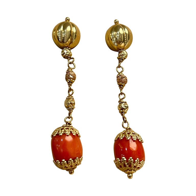 Natural Coral Simple Hanging / Dangling Earring in 18 Karat Yellow Gold For  Sale at 1stDibs | simple hanging earrings, simple dangling earrings,  traditional tibetan gold earrings